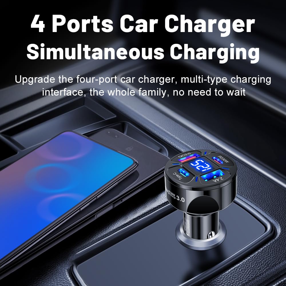 Alanph Multi Port USB C Car Phone Charger Adapter with Voltmeter, 4 in 1 100W Fast Charging Cigarette Lighter USB Charge for iPhone 16 15 14 13 12 11, Android, Samsung, iPad Pro (Black)