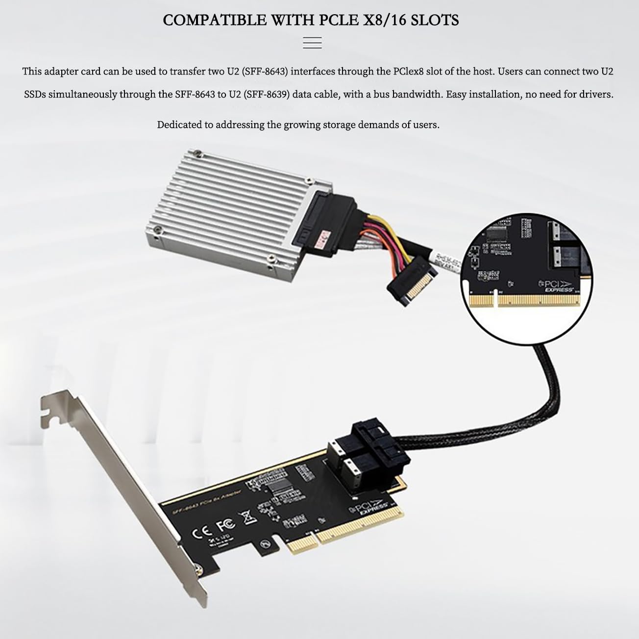 Karta rozszerzeń PCIe 3.0 x16 do U.2 (SFF-8643) NVMe – adapter 4/2/1 do dysków SSD U.2, kompatybilny z gniazdami PCIe x8/x16 (2 porty)