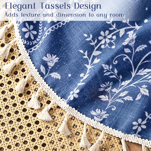 Image of Yinhua Boho Kitchen Curtains 36 Inch Length Vintage Linen Cafe Curtains Light Filtering Bohemian Floral Tier Rod Pocket Farmhouse Rustic Tassel Small Drapes with Tiebacks, 2 Panels, Blue
