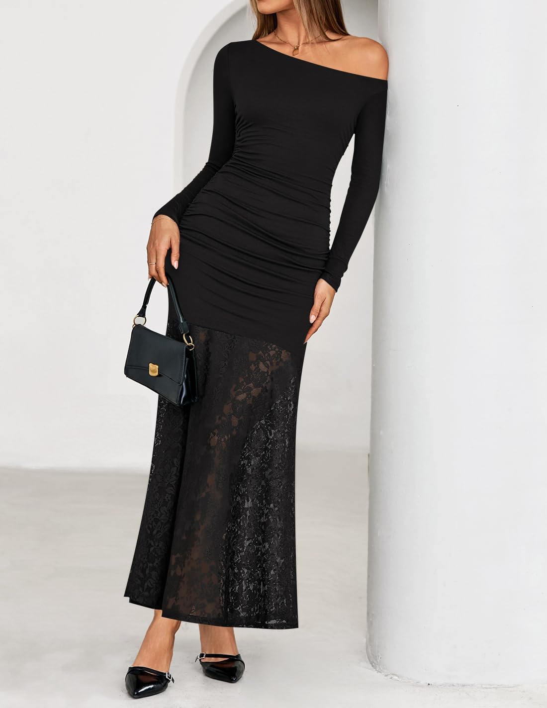 ZESICA Women's Long Sleeve Off Shoulder Bodycon Dresses Fall 2026 Ruched Lace Wedding Guest Cocktail Formal Maxi Dress - Image 3