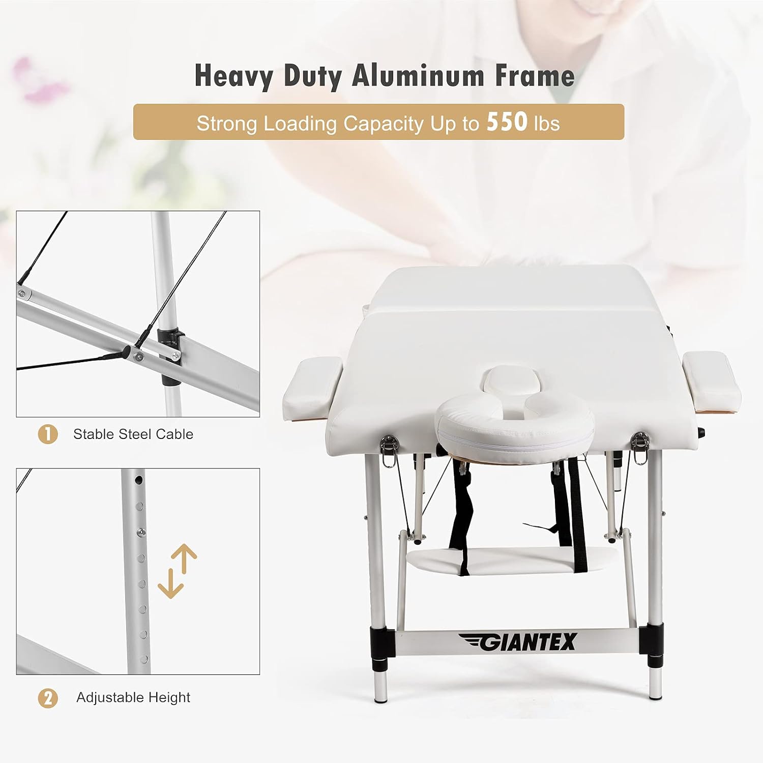 Giantex Portable Massage Table 84inch, Folding Lash Bed Aluminium Frame, Height Adjustable, 2 Fold Professional Facial Salon Tattoo Massage Bed Face Cradle Armrests Headrest Carrying Bag (White)