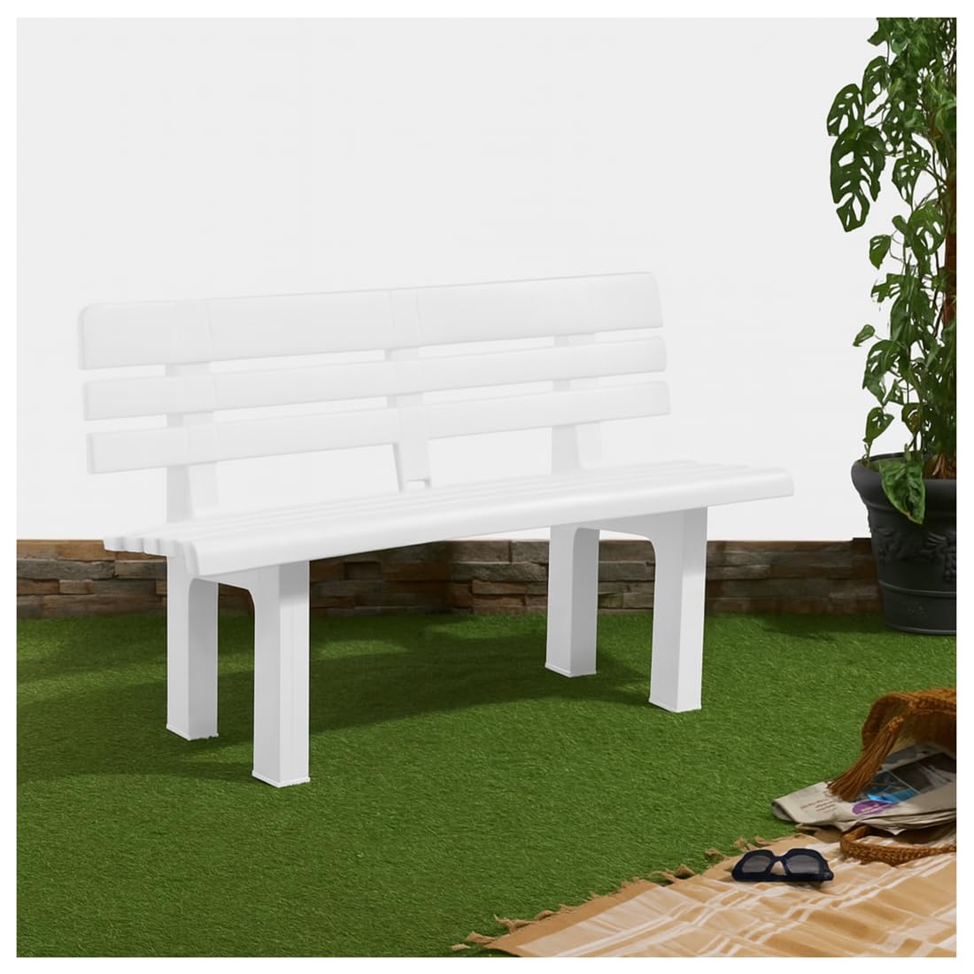 Acomoda Textil – Banco de 2 Plazas 110x52x71 cm para Jardín, Terraza o Balcón con Respaldo. Banco Blanco Cómodo, Impermeable, Ergonómico, Ligero y Resistente para Espacios Interiores y Exteriores.