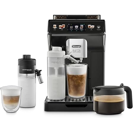 De'Longhi Eletta Explore Perfetto ECAM452.57.G Kaffeevollautomat mit LatteCrema Milchsystem, heiße und erfrischende Getränke auf Knopfdruck, 3,5 Zoll TFT Touchscreen Farbdisplay, Kaffeekanne inklusive
