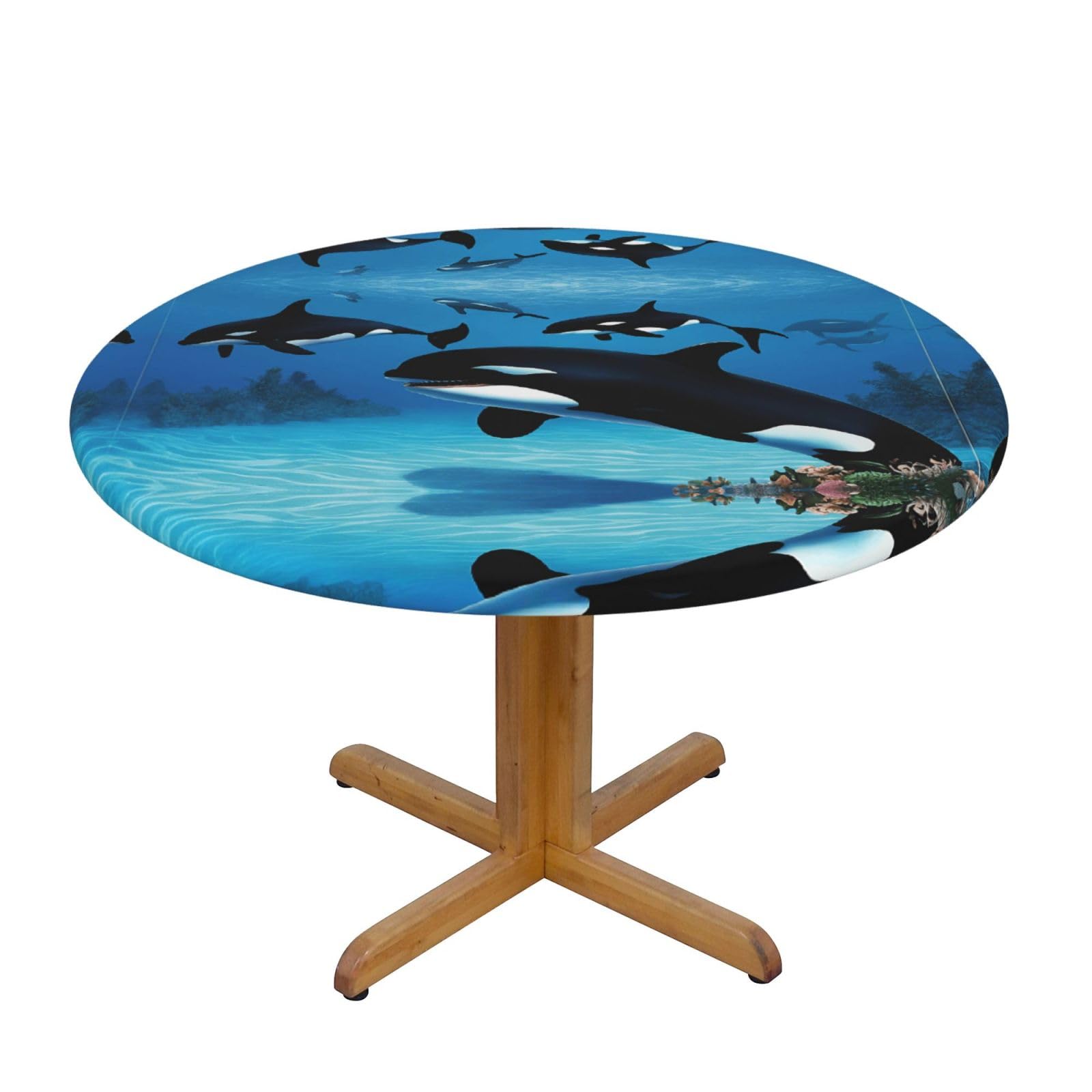 ESNAIUVCD Killer Whales Swim Along print Waterproof Round Tablecloth,Outdoor Table Cloth with Elastic Edged, Elastic Tablecloth Wipeable, Garden Table Cloth Suitable for sizes 90cm-140cm