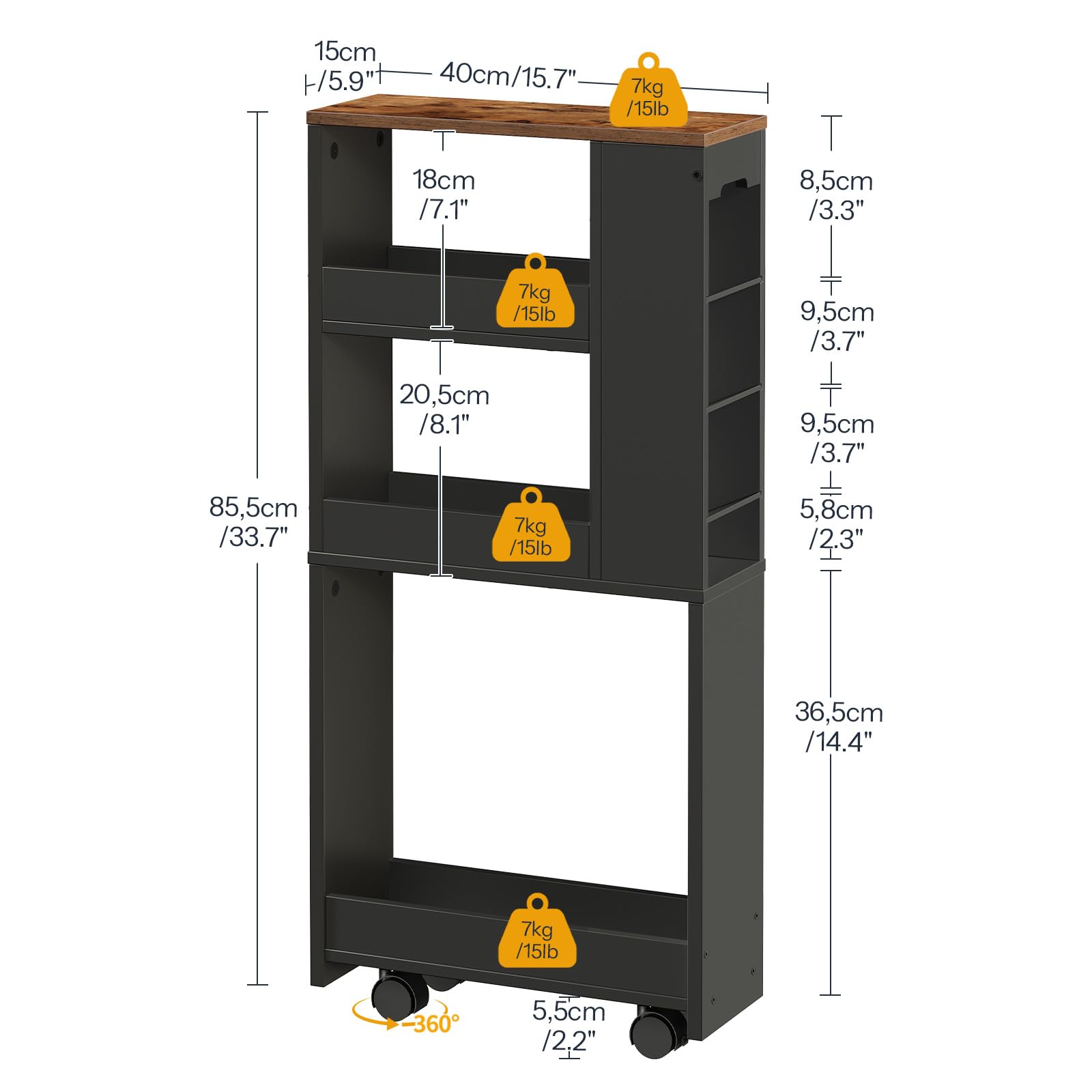 HOOBRO Carro Estrecho de 4 Niveles, 40 x 15 x 85,5 cm, con 4 Ruedas Giratorias Bloqueables, para Espacio Pequeño, Cocina, Baño, Sala de Estar, Negro y Marrón Rústico EBF84TC01