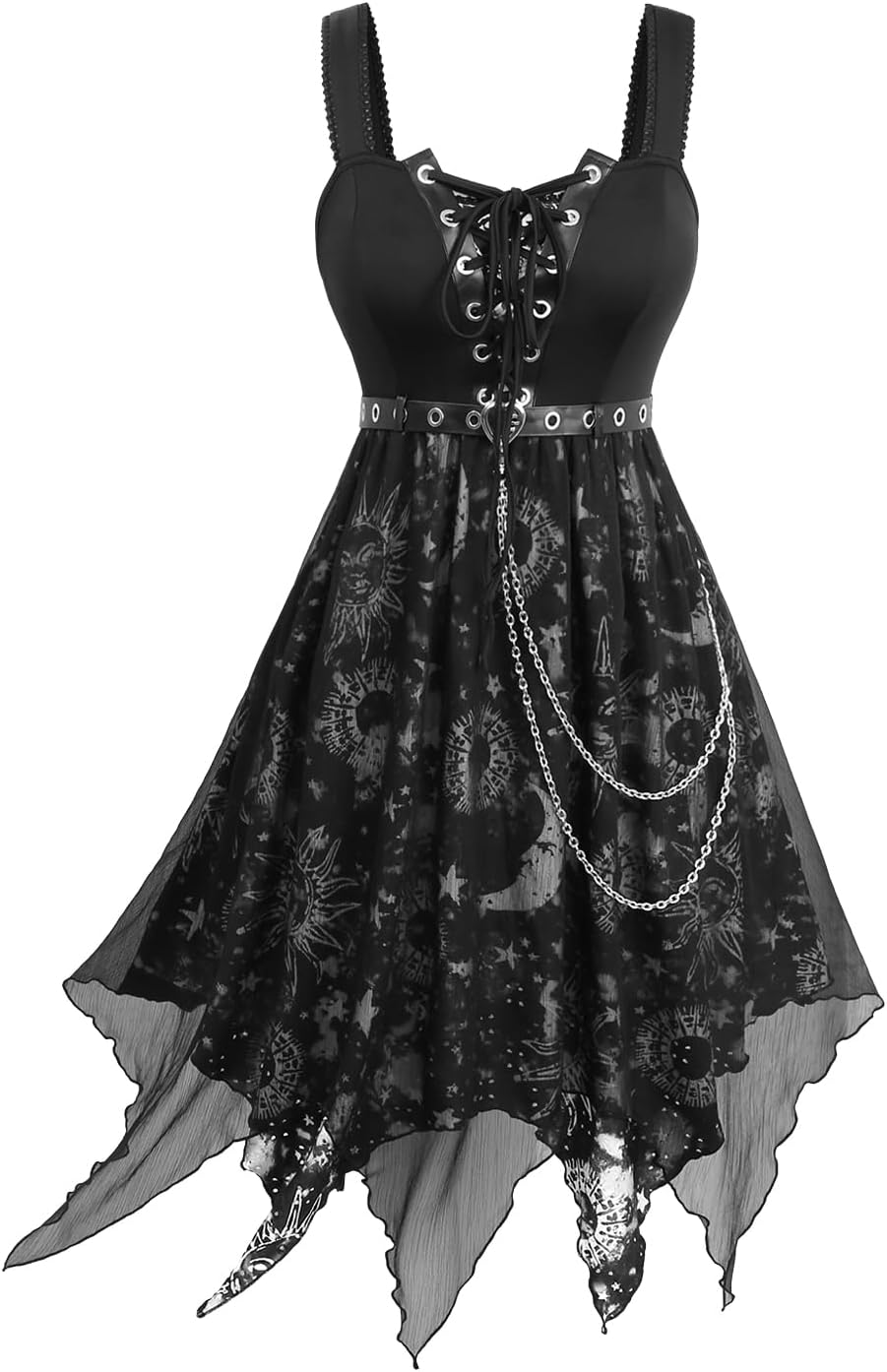 ROSE GAL Women Plus Size Sun Moon Star Goth Dress Chains Lace-up Grommet Sleeveless Midi Dress