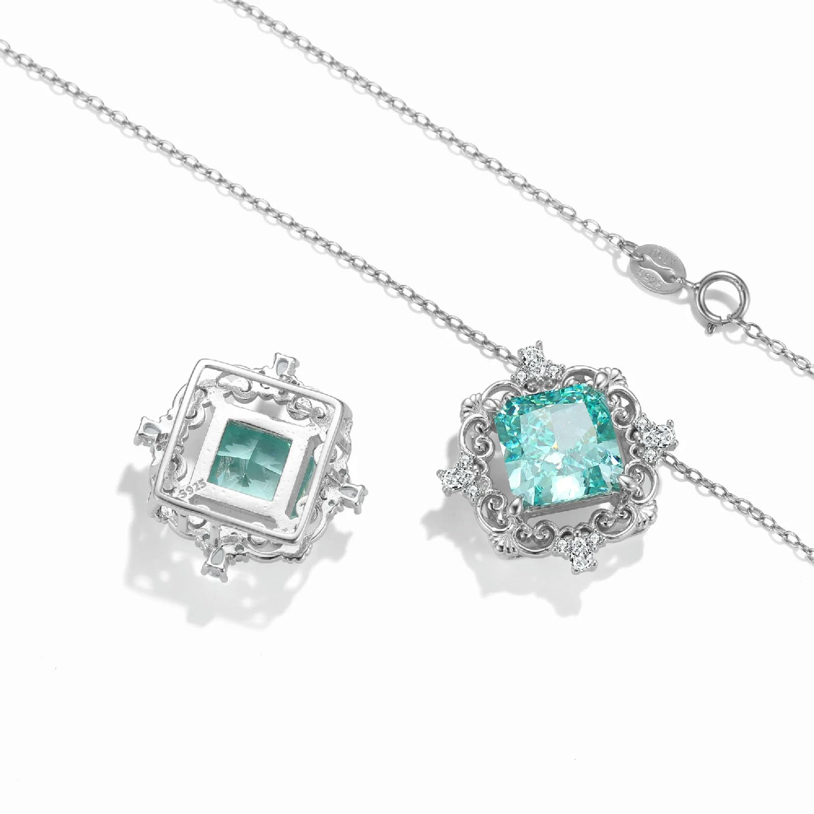 WEAV Colgante Cuadrado De Plata De Ley 925 Con Lazo Azul Para Mujer, Colgante De Circón Con Flor De Hielo Verde, Regalo De Cumpleaños Romántico, Collar De Joyería Fina