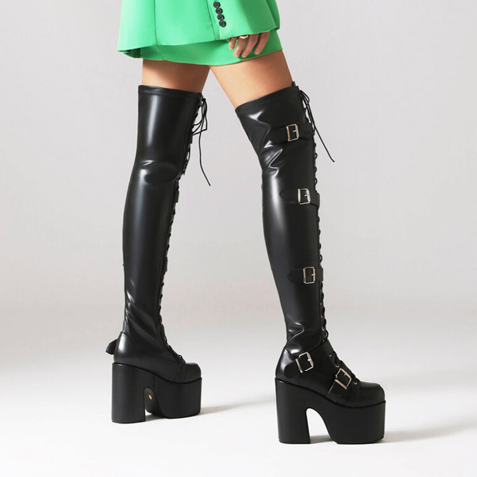 11.5CM/ 4.52IN Pole Dancing Botas de tacón Alto de Gran tamaño Botas de tacón Alto Grueso de Las Mujeres Plataforma de Encaje Nightclub Botas de Jinete Sexy