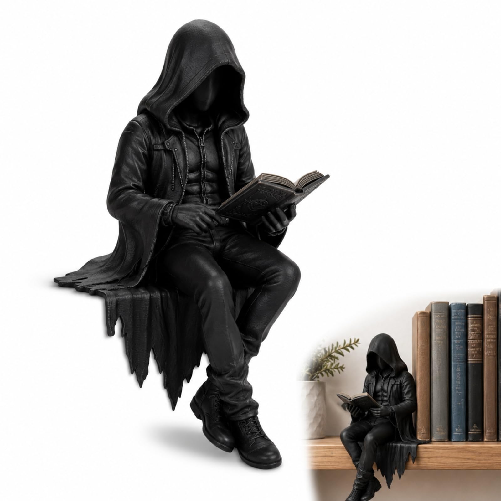 MAUDFEK Gothic Dark Fantasy Figure, Gothic Figurines for Bookshelves and Desks, Gothic Home Decor for Readers and Collectors, Black Reading Statue Sculpture Display Piece