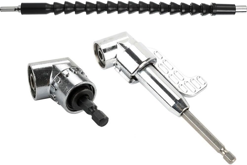 OCGIG 3 Pcs 105 Degree Right Angle Drill Attachment Hex Shank Screwdriver Angled Bit Holder Power Drill Tool and Flexible Angle Extension Soft Shaft Bit Kit for Drill or Driver 1/4" Socket Adapter