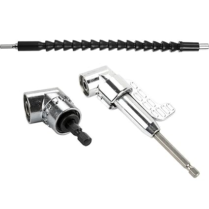 OCGIG 3 Pcs 105 Degree 1/4 Inch Right Angle Drill Adapter Hex Shank Screwdriver Angled Bit Holder Power Drill Tool and Flexible Angle Extension Bit Kit for Drill or Screwdriver 1/4