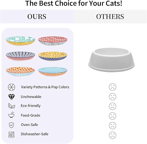 Miniatura 6 de Selamica Cuencos de cerámica para gatos, 6 pulgadas de ancho, cuencos poco profundos para aliviar la fatiga de los bigotes, juego de 6, colores