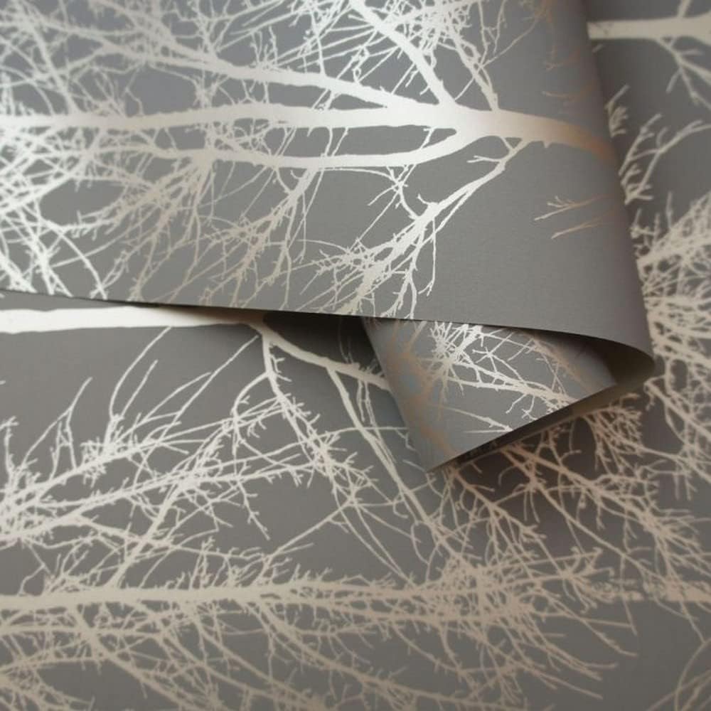 Holden Decor 90761 Rhea Trees Dark Grey Rose Gold Wallpaper, Silver, Full Roll