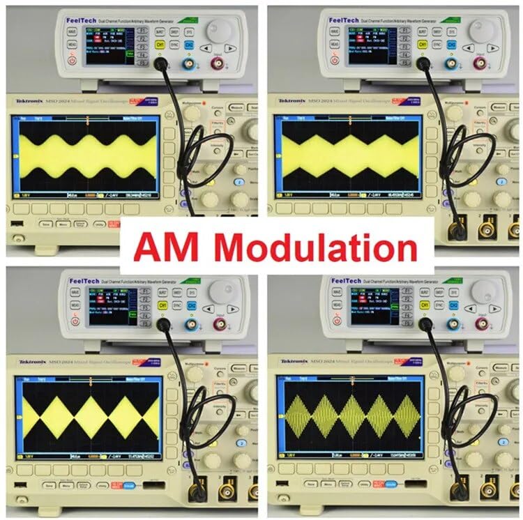 FeelTech FY6600 30M connected to an oscilloscope, displaying various AM modulated waveforms.