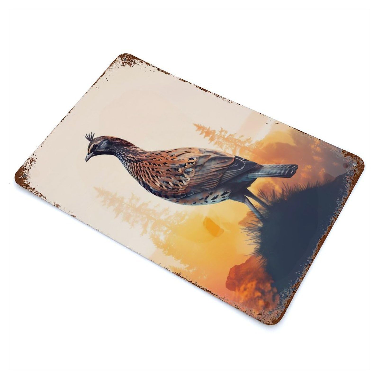 Aged Metal Wall Plaque with Quail Bird Design 11.8"x7.9", for Basement, Hobby Room And Garage Decor, Farmhouse Wall Decor