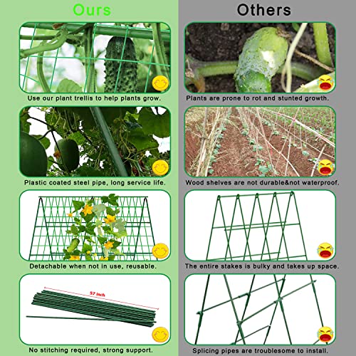 Megidok 59 * 59'' A-Frame Metal Garden Cucumber Trellis Set For Raised Bed-Detachable Cucumber Climbing Trellis With Net&164Ft Plant Ties&40Pcs Clips For Outdoor Plant Flowers Vegetables #TOP4