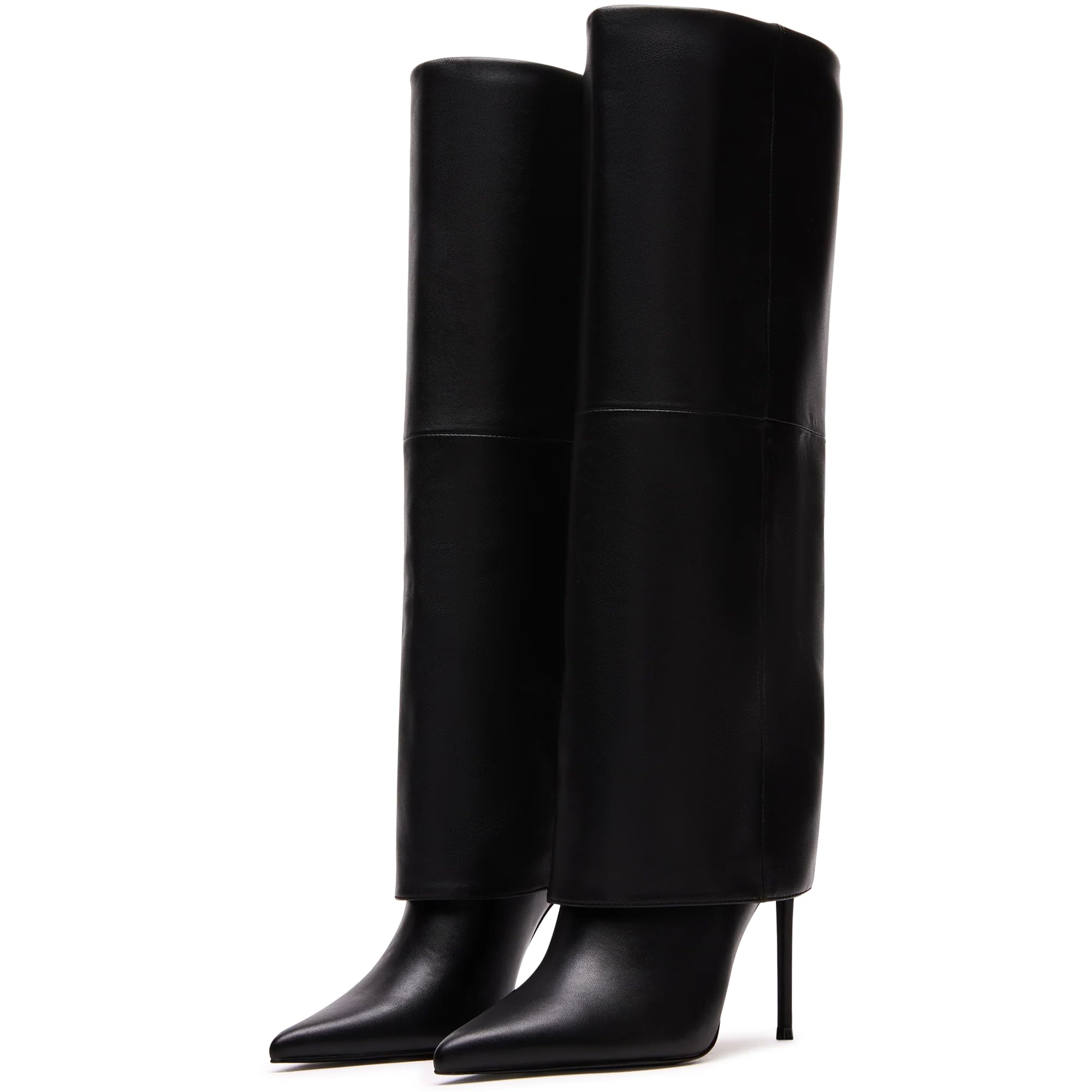 KaroNairy Womens Knee High Boots Fold Over Tall High Heel Boots Stiletto Pointed Toe Fashion Dress Boots for