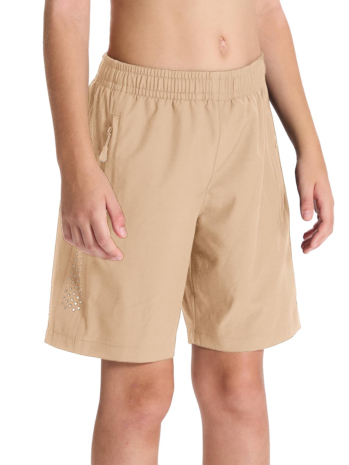 DEVOROPA Youth Boys 2 in 1 Athletic Running Shorts with Compression Liner Quick Dry Sports Gym Hiking Shorts Zip Pockets UPF 50+ Khaki L