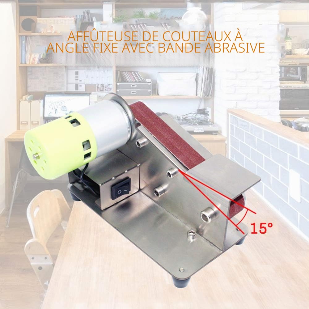 Ponceuses à bande, Affûteur de Couteaux à Angle Fixe à 15 Degrés 7 Niveaux Polisseuse Réglable, 100W Machine de Polissage avec 10pcs Bandes de Ponçage électrique