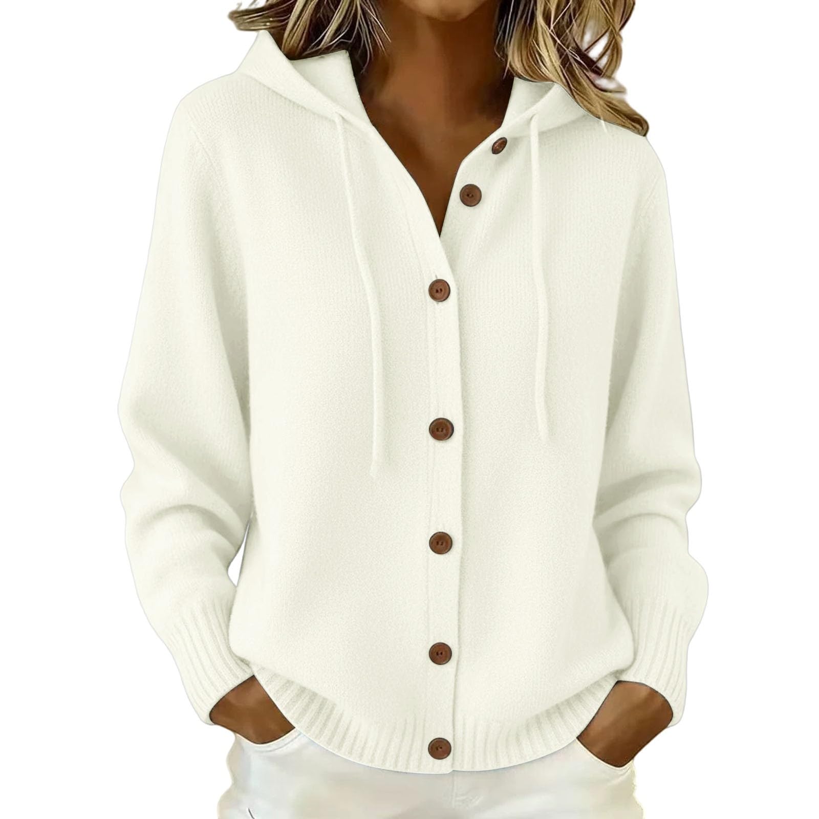 Generico Jersey de mujer con capucha y cordón, chaqueta de punto ligero | Cárdigan con botones de color liso casual para otoño e invierno, jersey de manga larga elegante, ajuste cómodo