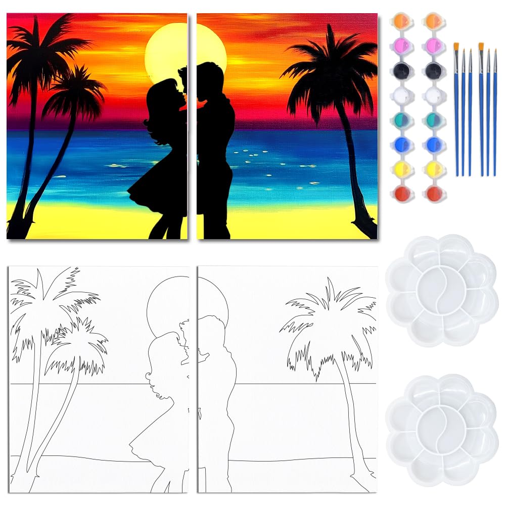 WEBEEDY 2 Packt Malen nach Zahlen Set Für Den Paar Date Abend 20x25cm Sonnenuntergang Vorzeichnung Strand Leinwand Für Malpartybedarf Geburtstag Jubiläen Hochzeitsgeschenk DIY Wanddekoration