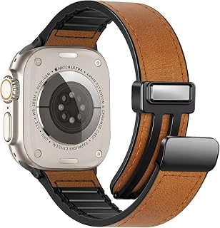 UniqTry Magnetic Leather Bands Compatible with Apple Watch 49mm 46mm 45mm 44mm 42mm | Genuine Leather with Magnetic Buckle for iWatch Ultra 2 Ultra SE Series 10 9 8 7 5 4 3-Tan