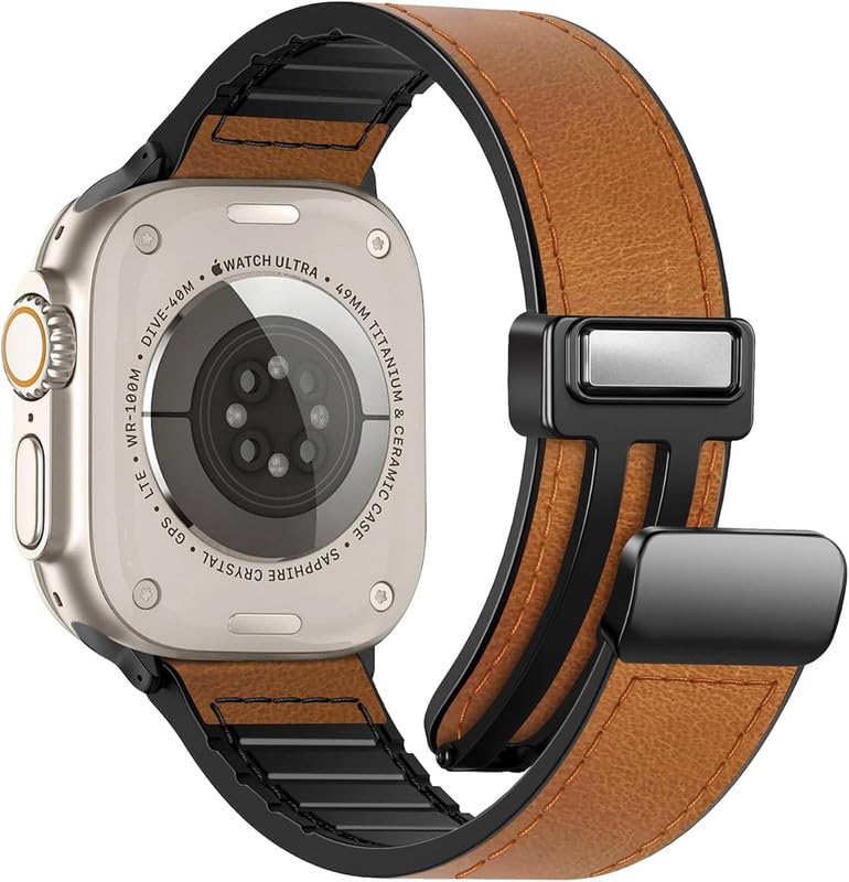 Image of Magnetic Leather Bands Compatible with Apple Watch 49mm 46mm 45mm 44mm 42mm | Genuine Leather with Magnetic Buckle for iWatch Ultra 2 Ultra SE Series 10 9 8 7 5 4 3