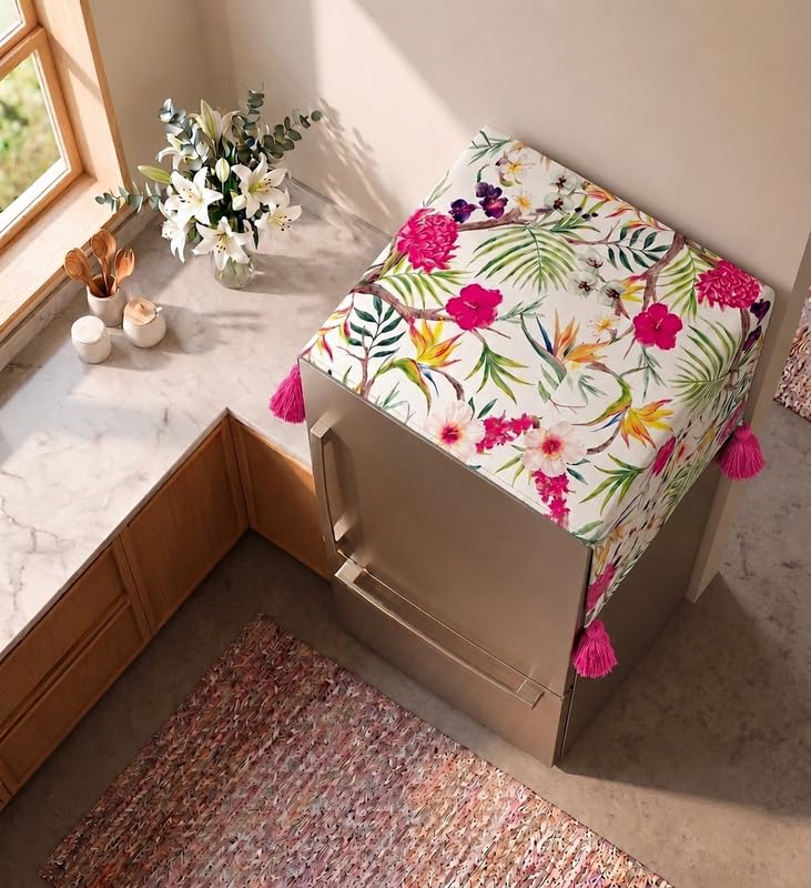 Image of WWW.THROWPILLOW.IN Fridge Top Cover with Tassels for Double Door 250-400L | Medium Size Dustproof Refrigerator Cover | Corner Tassels | Floral Print | Double Door Fridge Cover Mat