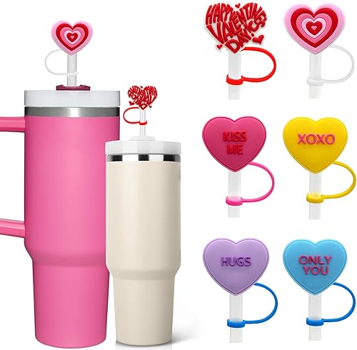 6 fundas de popote para el día de San Valentín para copa Stanley, protector de popote de silicona con diseño de corazón colorido, puntas de popote