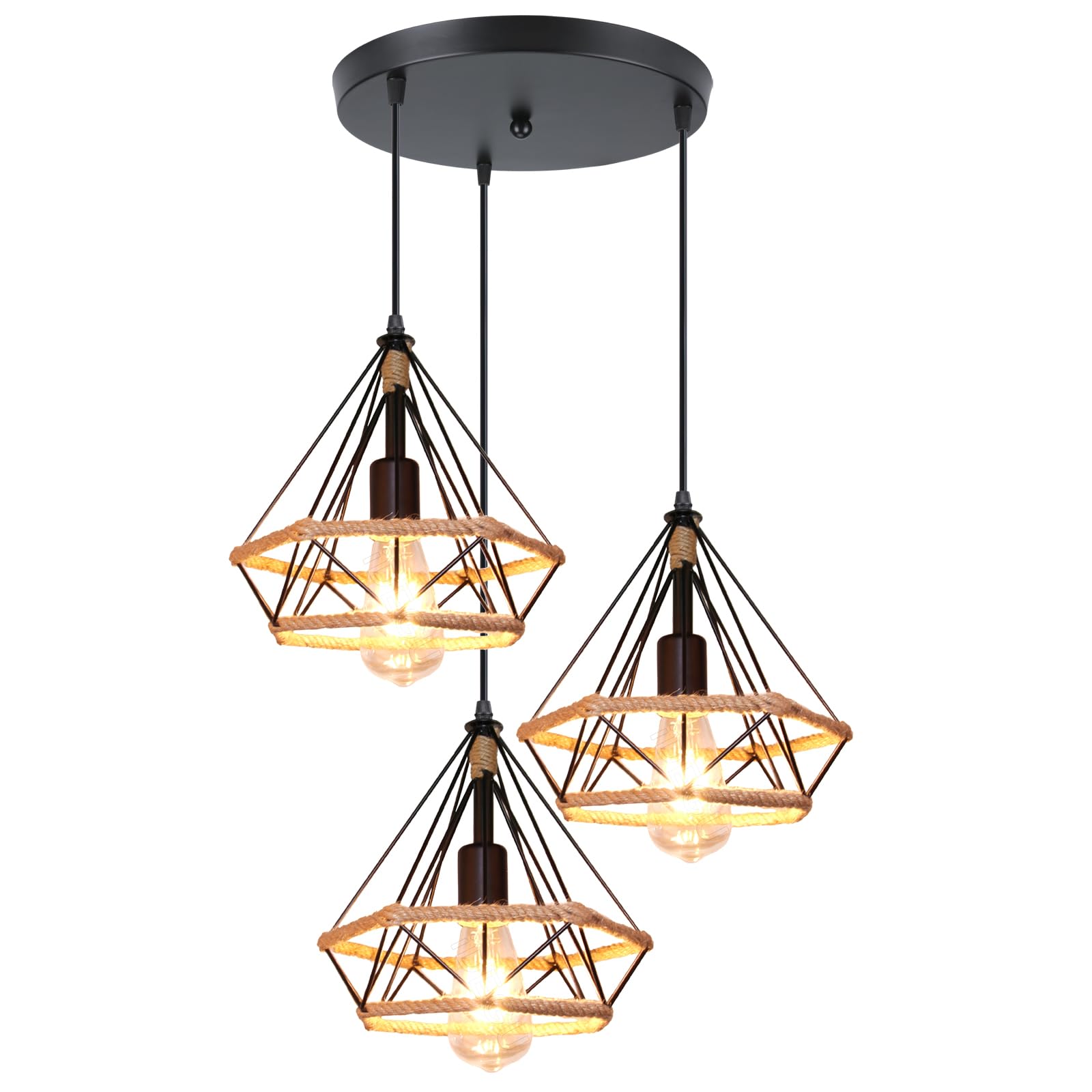 iDEGU 3 Luci Lampada a Sospensione Vintage 25CM E27 Lampadario Soffitto Industriale Design Gabbia in Metallo e Corda di Canapa Retrò Lampadario per Sala da Pranzo Soggiorno Cucina (Ø 30 cm Rotondo)
