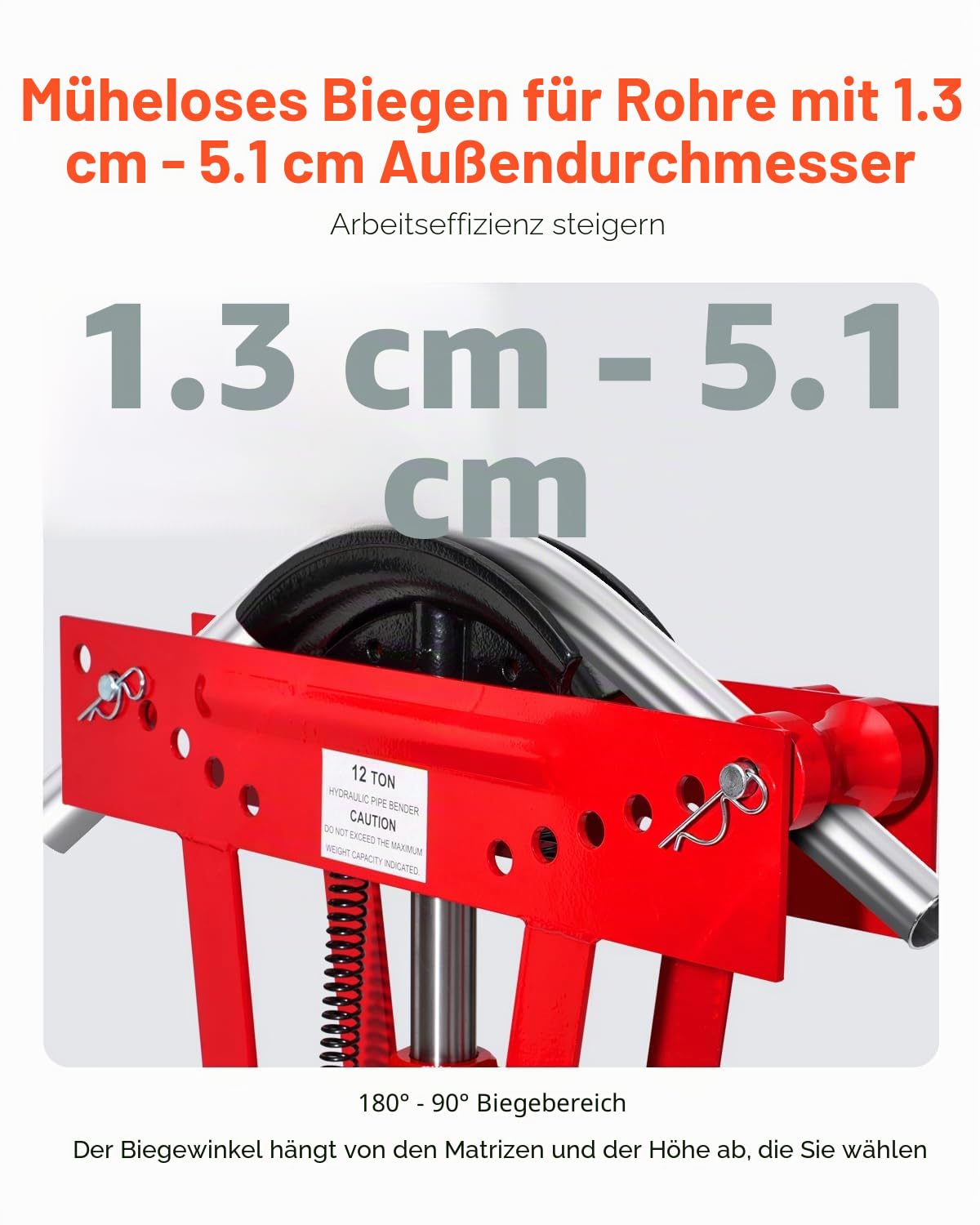 VEVOR Rohrbiegemaschine hydraulisch, 12 Tonnen Rohrbieger mit 6 Matrizen (1/2, 3/4, 1, 1-1/4, 1-1/2, 2 Zoll), 90-180° Rohrbiegegerät mit verstellbaren Rollen zum Biegen verschiedener Metallarten
