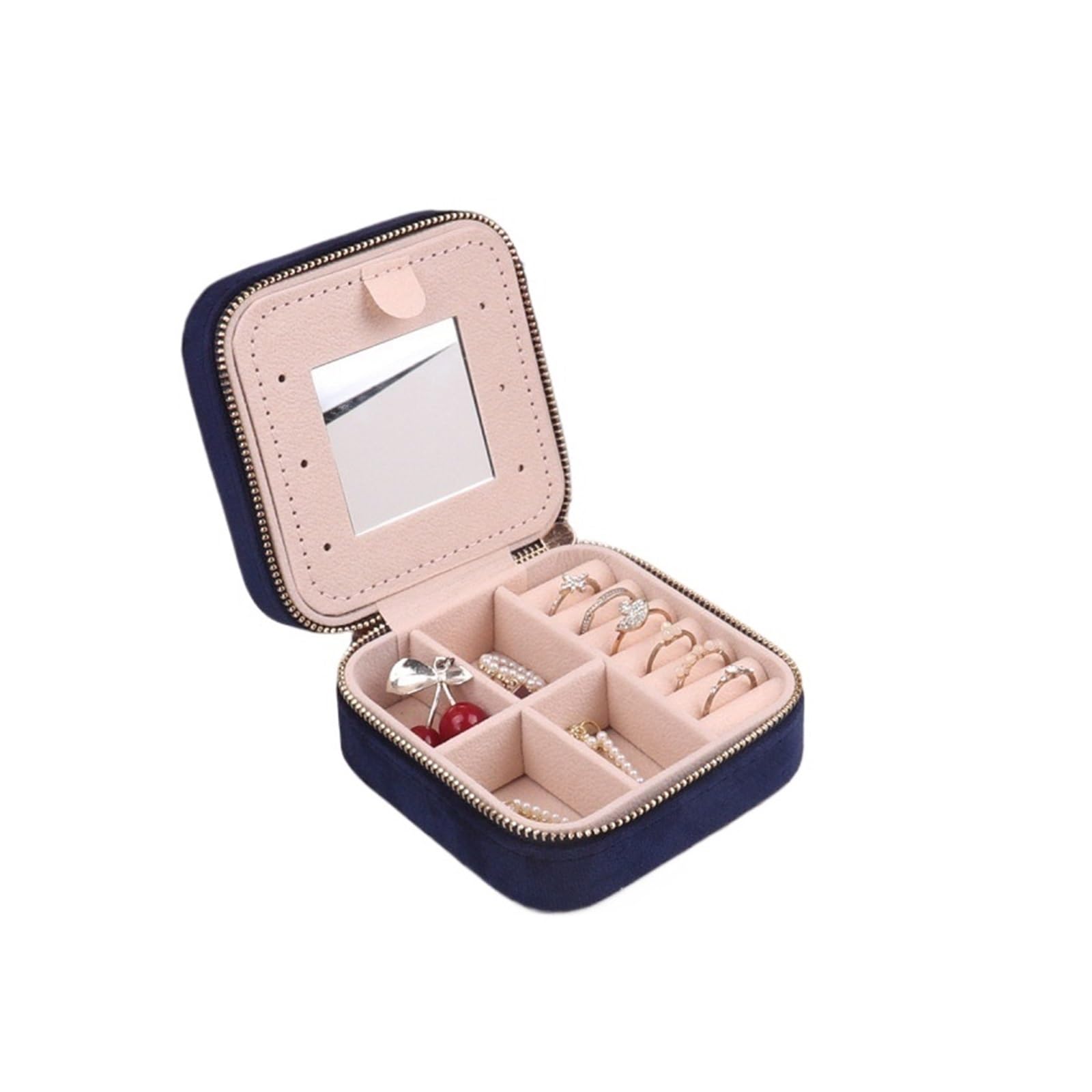 ESTDKMNOS Portable Jewellery Case， Multicolor Velvet Storage Jewelry Box With Mirror For Rings Necklaces Pendants Bracelets(Blue)