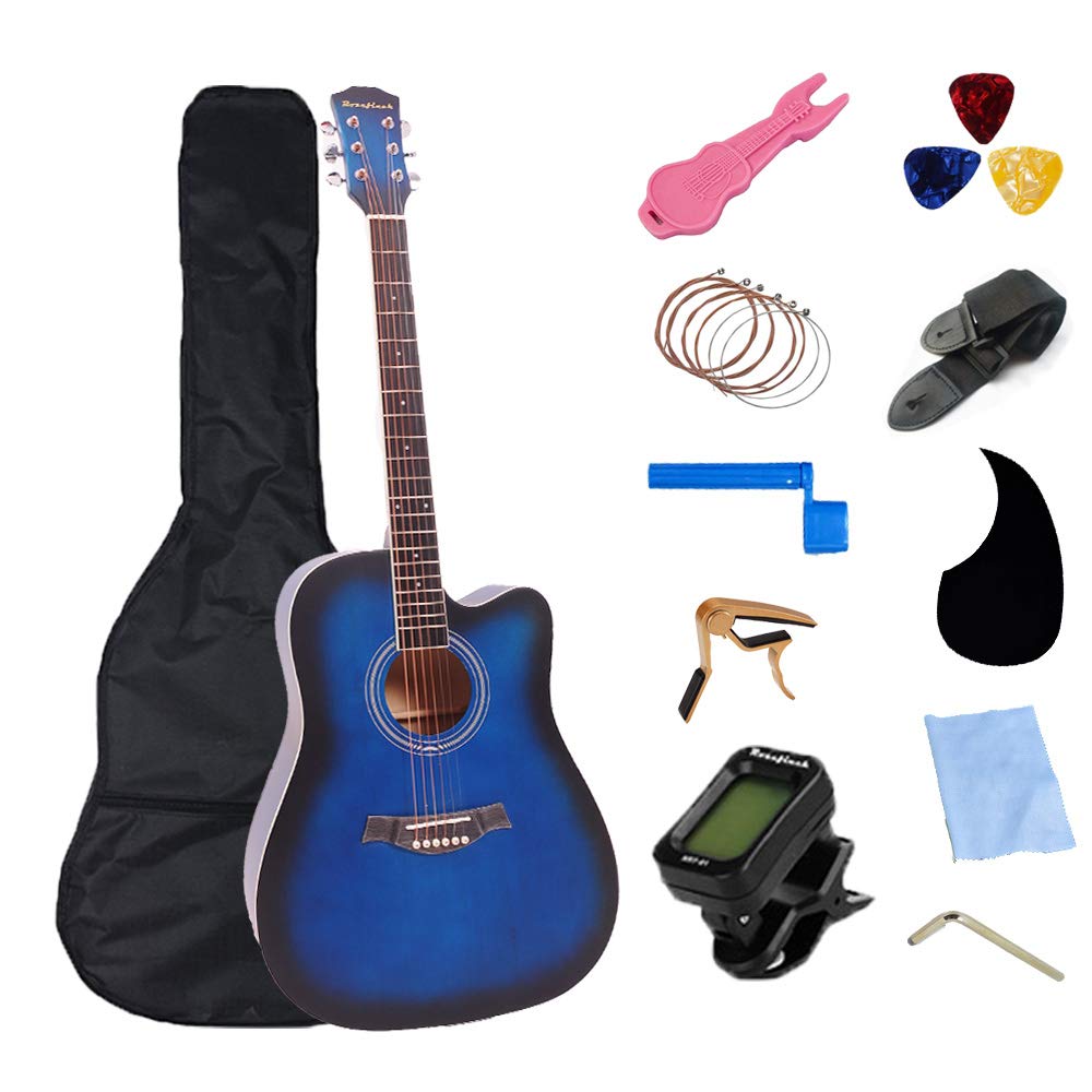 41 inch Acoustic Guitar Full Size Cutaway Folk Guitar Bundles with Tunner Bag Pick Capo Strings Acce