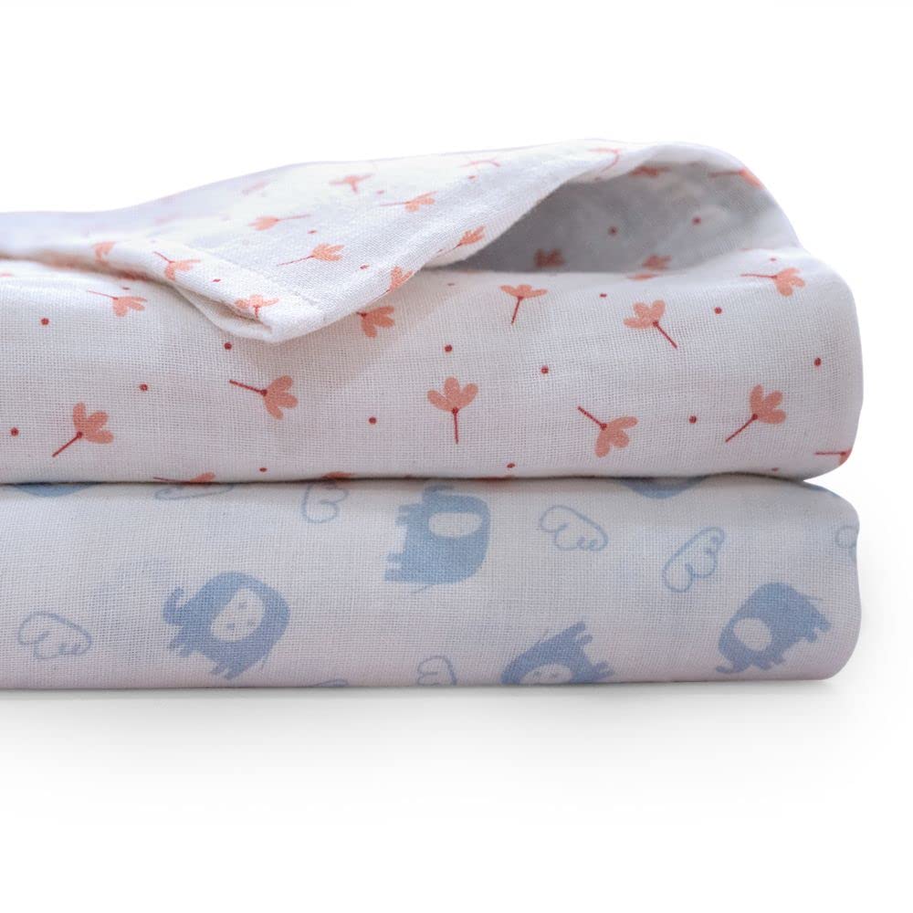 Wakefit Baby Swaddle Wrap | 100% Cotton Ultra Soft Printed Muslin Cloth Wrap for New Born Baby | Snuggle Wrap for Toddlers | Small (70x70 Cms) | Elepha & Mimi | White - Set of 2