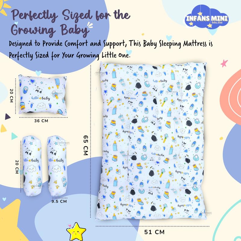 Image of Baby Sleeping Mattress Set Cotton with Bolsters & Pillow, for 0-12 Month Newborns-Unisex (Panda Blue)