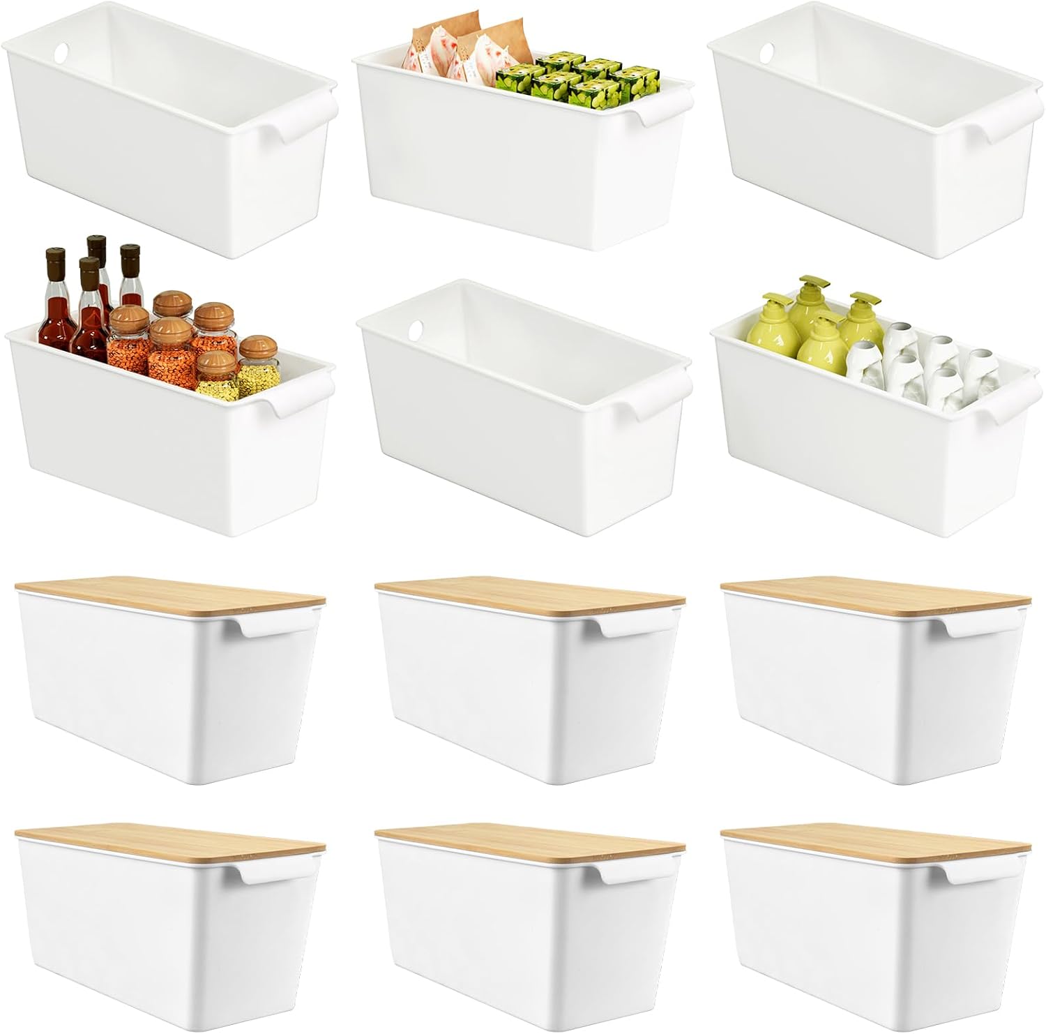 Plastic Storage Bins 12 Pack, Front Handle Design, 11"x5" White Pantry Organization and Storage Open Top Baskets for Shelves Closet Cabinet Sink Counter Cupboard Drawer Rridge