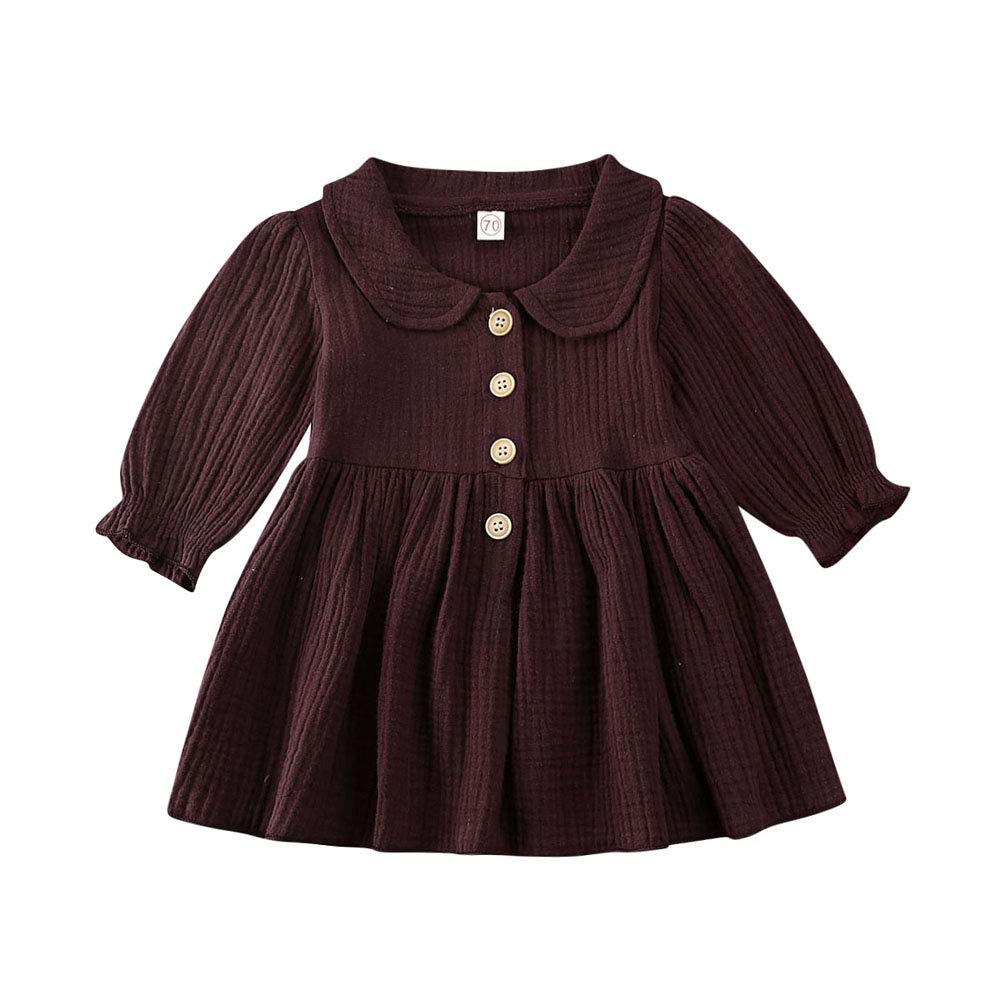 Toddler Infant Baby Girl Puff Long Sleeve Cotton Linen Ruffle Dress Doll Collar Causal Playwear Fall Winter Clothes Set (Dark Purple,12-18 Months)