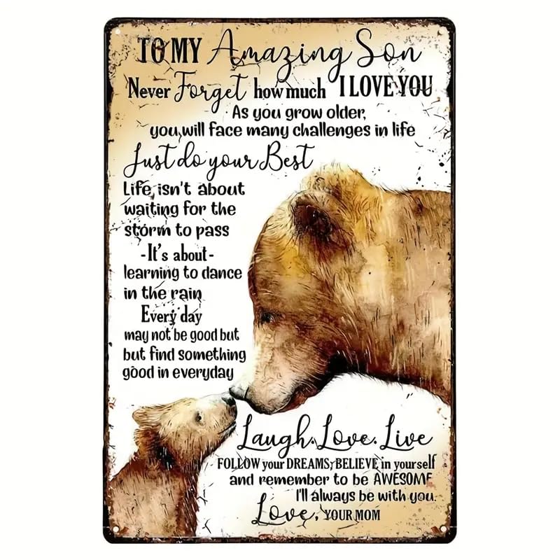 Metal Tin Sign Wall Decor Bear Mom To My Amazing Son I Alway Be With You Love For Plaque Poster Cafe Wall Art Gift Metal Tin Sign 12x16 Inch
