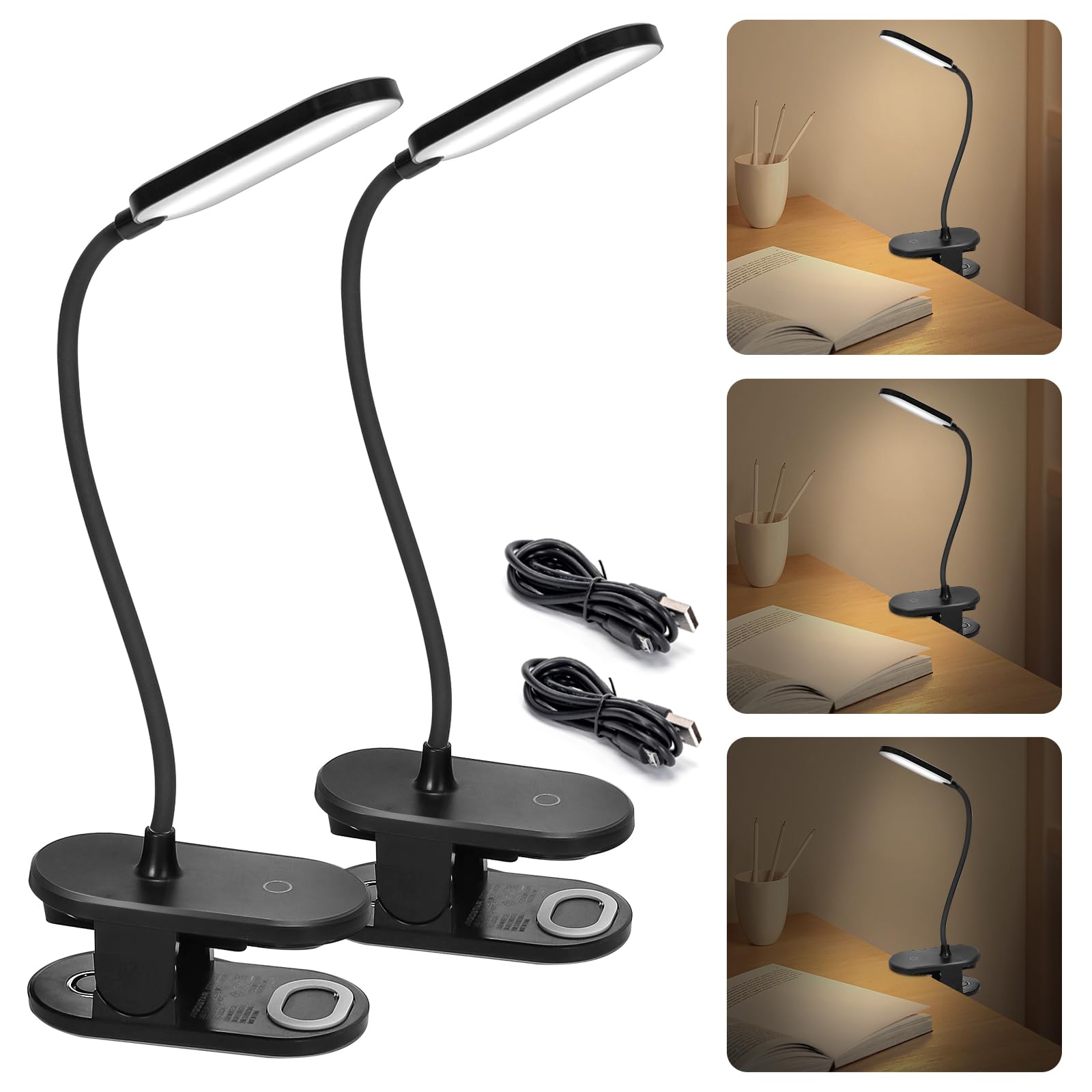 Aigostar Luz Lectura,Lámpara Lectura Pinza con 360° Brazo Flexible Regulable, Luz de Cama con Clip,3 Modos,Recargable Usb Flexo Led Escritorio 4000K Protección Ojos Colors, Negro, 2pcs