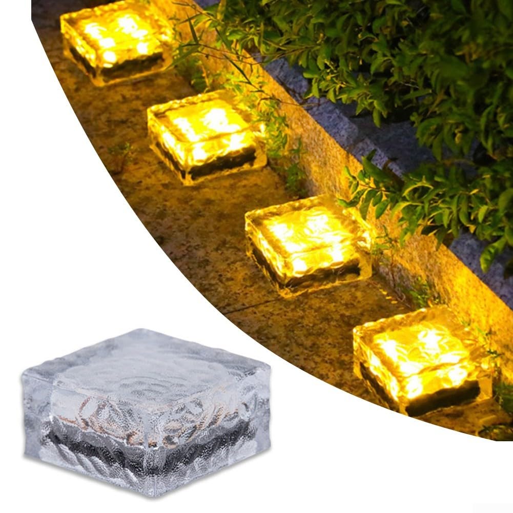 Confezione da 4 luci solari in vetro a forma di mattoni, impermeabili, con accensione e spegnimento automatici, per giardino, patio, vialetto, cortile (luce bianca)
