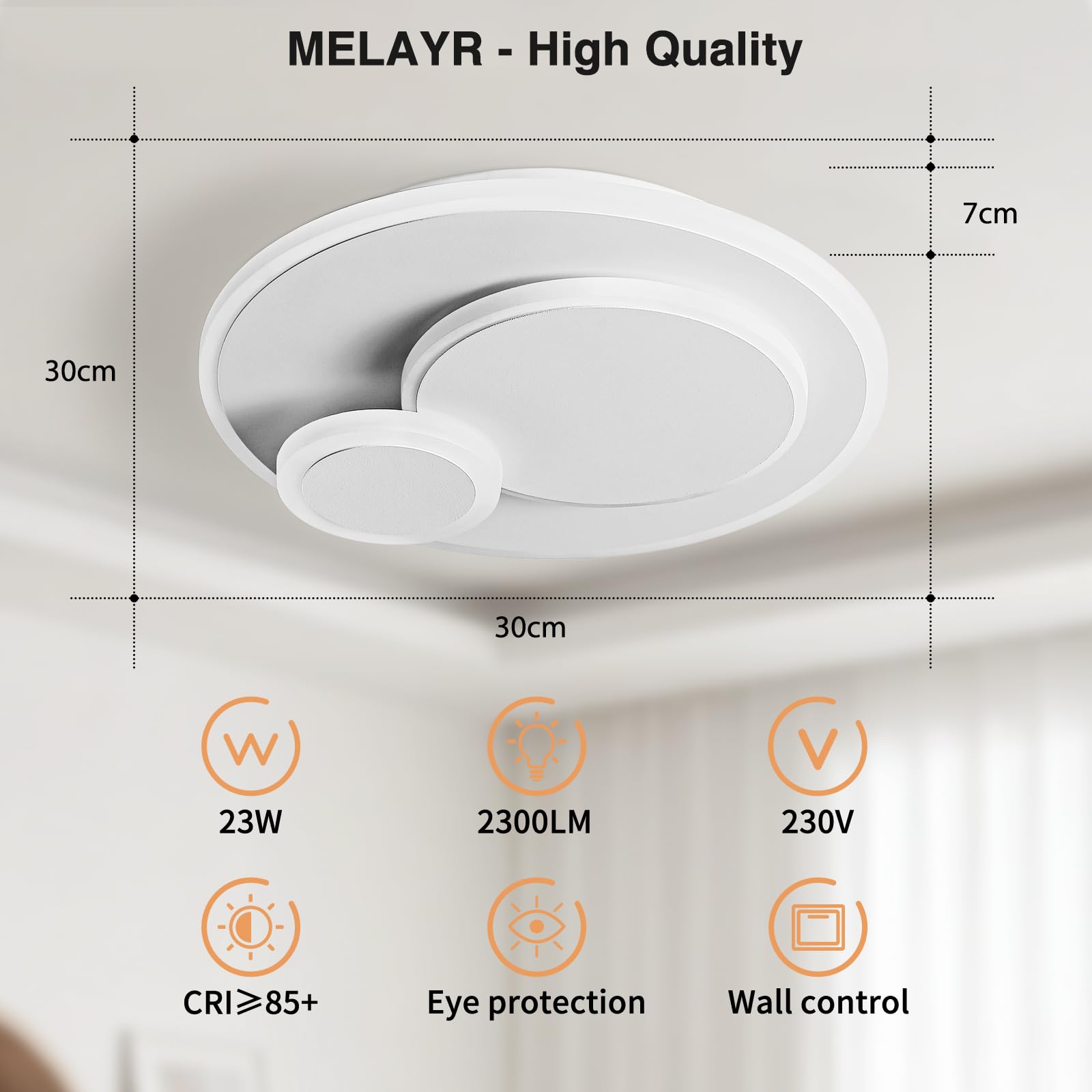 Plafoniera LED Soffitto Moderna 23W, 3000K/4500K/6500K Lampada 2300lm CRI≥80, Lampadario per Soggiorno, Camera da Letto, Ufficio, Cucina e Corridoio con Funzione Memoria Bianco