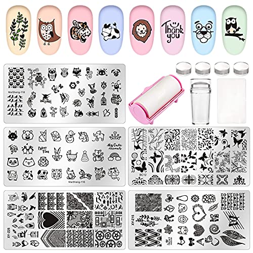 NICENEEDED 12Pcs Nail Stamping Stamper Kit, 5Pcs Animal Design Nail Art Stamps for Nails, Nail Art Tool Set Included Nail Stampers Nail Scraper and 60 Sheets Nail Art Stamper Pattern Removal Paper