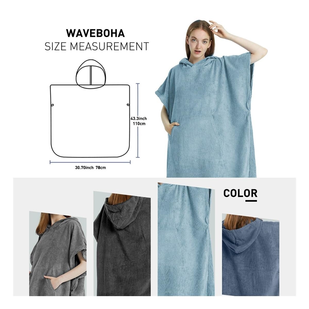 Surf Poncho Handtuch Poncho Schnell Trocknendes Handtuch Hoodie Mikrofaser Strandmantel (Hellblau)
