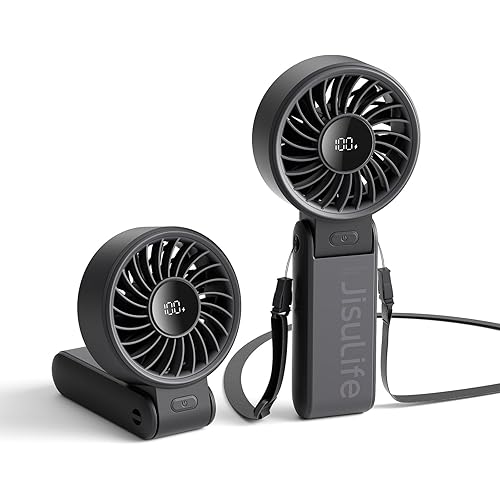 JISULIFE Handheld Fan Life7 – Ultimate Flexibility: High-Power Motor, LED Display, 19.5 Hrs Cooling, 5000mAh Rechargeable, 5-Speed, Foldable Design, 3-IN-1 Portable Fan for Travel Cruise Beach(Black)
