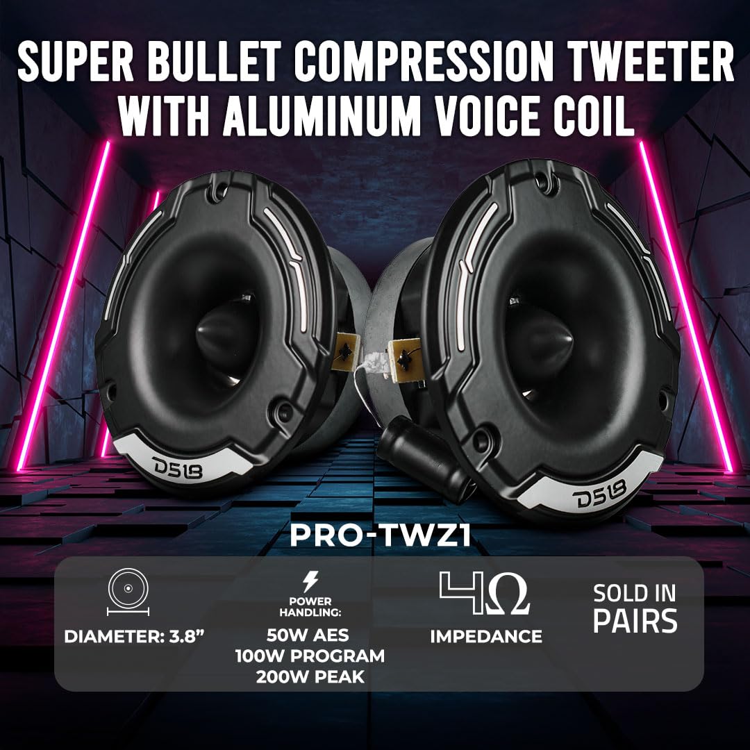 DS18 PRO-TWZ1 - Tweeter a compressione Super Bullet da 9,7 cm, 4 Ohm, bobina da 2,5 cm, in alluminio, ideale per sistemi audio Pro Car Audio, impressionante sensibilità 105 dB, coppia