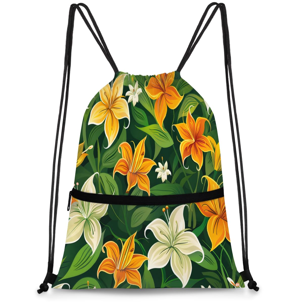 QsirBC Orange And White Lilies Drawstring Bag for Men &amp; Women, Gym Sports Backpack with Zipper Pocket, Lightweight String Sackpack for Travel, Running, Hiking, Workout