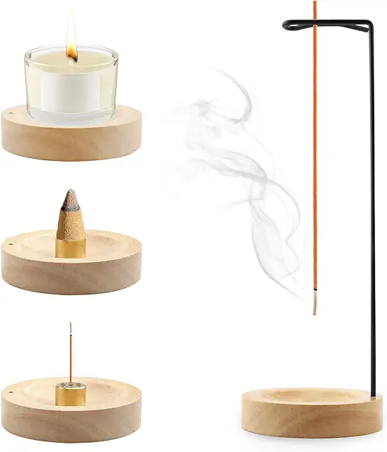 Porte Encens 2 en 1 en Bois de Noyer - Brûleur d'Encens Inversé et Support 9 Trous