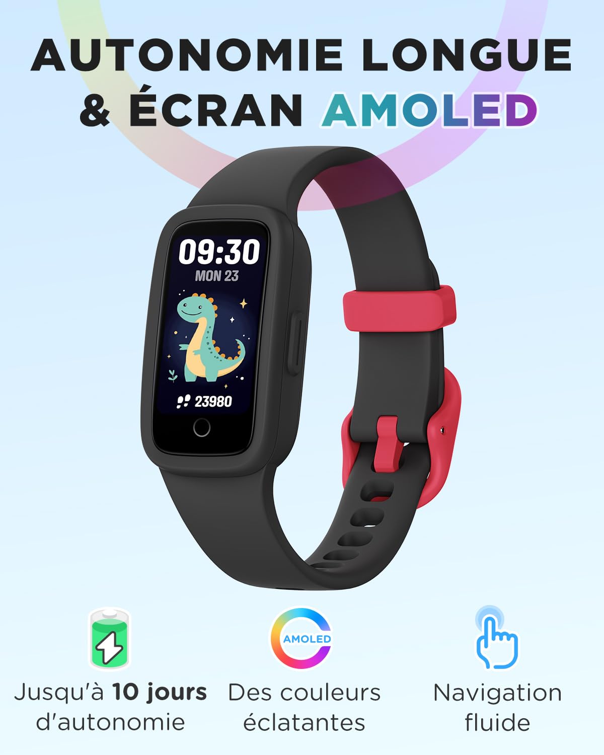 BIGGERFIVE Vigor 3 Montre Connectée Enfant Tracker d'Activité Écran AMOLED Étanche 3ATM Moniteur Fréquence Cardiaque Sommeil Noir