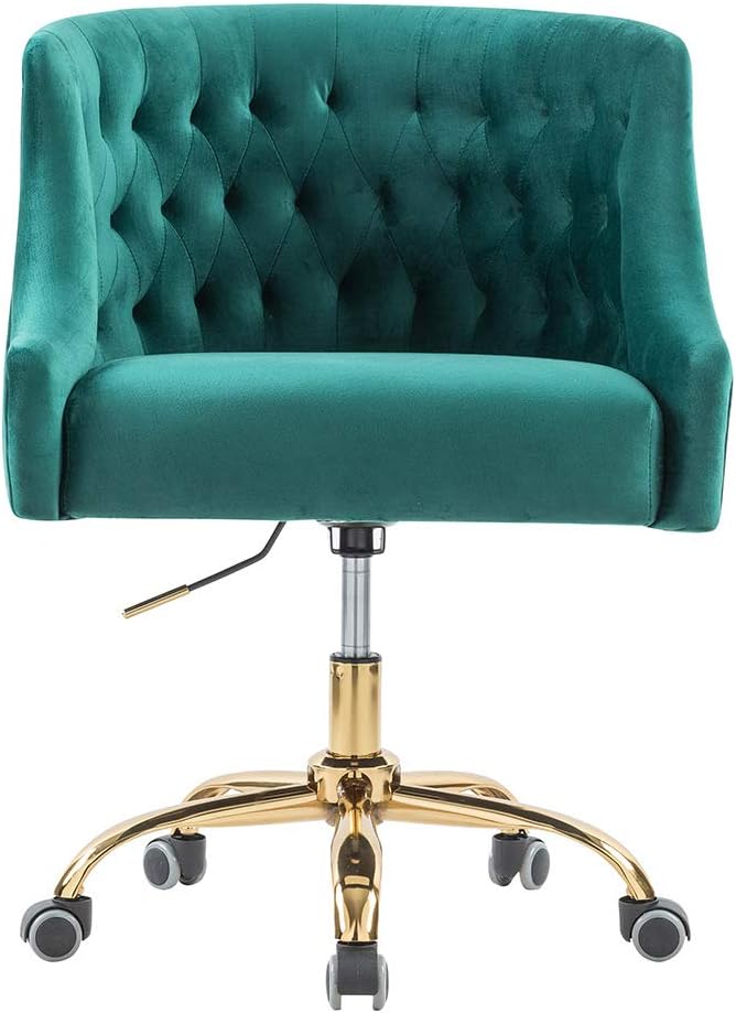 Velvet Office Swivel Chair, Vanity Chair, Fabric Desk Chair, Pretty Fancy Chair, Gold Office Chair for Girls, 360°Swivel Height Adjustable Reception Chair, Green