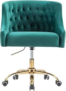Velvet Office Swivel Chair, Vanity Chair, Fabric Desk Chair, Pretty Fancy Chair, Gold Office Chair for Girls, 360°Swivel Height Adjustable Reception Chair, Green